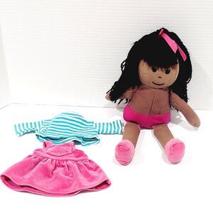 Baby Gap African American Doll Girl Black Yarn Hair Pink Jumper Dress Plush